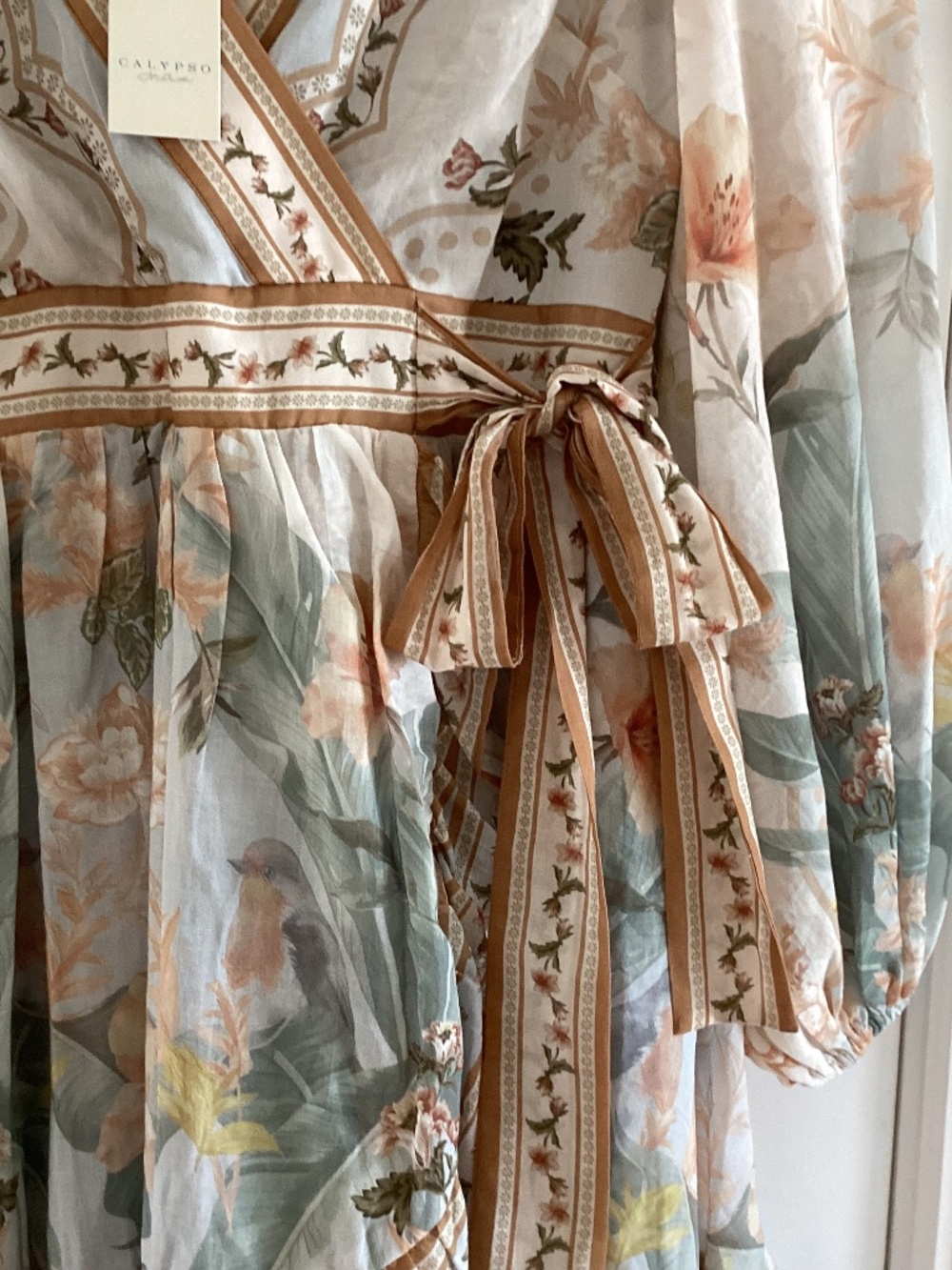 Calypso St. Barth Cotton Pastel Blue Floral V-Neck Faux Wrap Frill Mini Dress - Picture 5 of 16